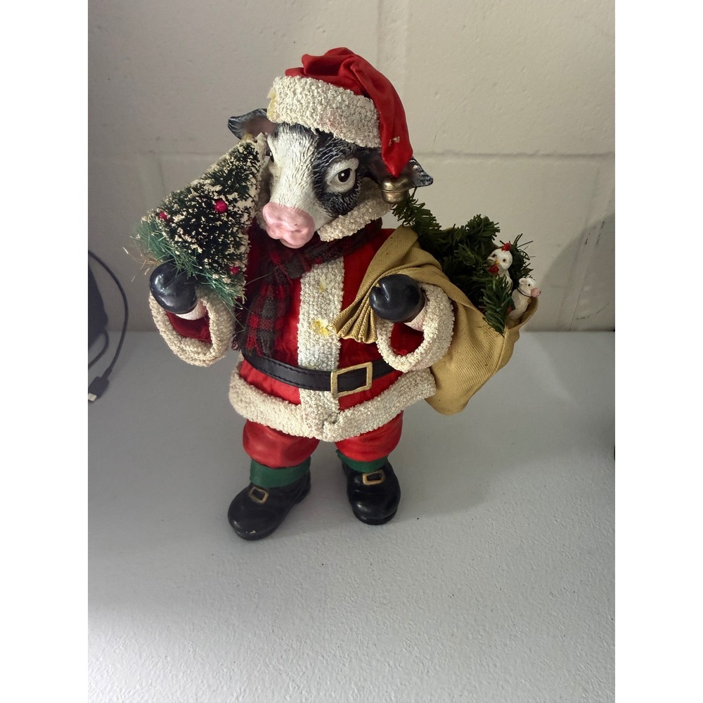 Santa Cow Christmas Figurine Farmhouse Holiday Decor Red Suit Burlap Sack 12in
